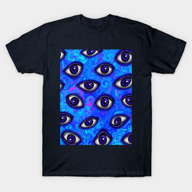 Trippy Psychedelic Blue Eyes on Vivid Bright Neon Blue Green Purple Turquoise Swirl Background T-Shirt by galaxieartshop